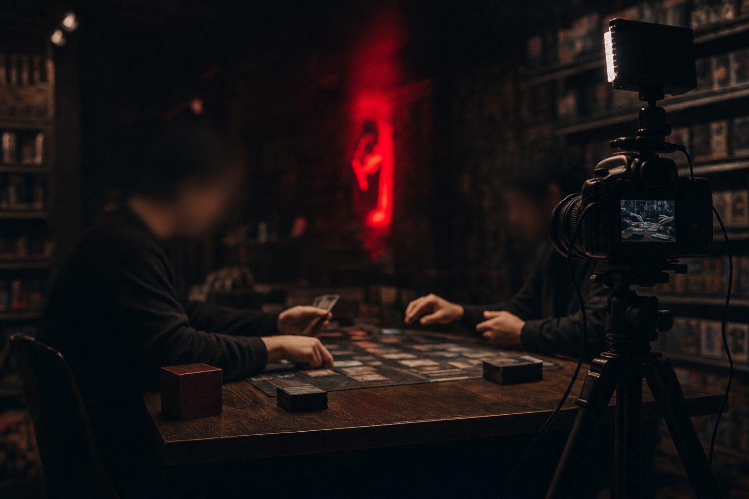 A filmed Gundam Card Game match at a local card shop, lit by a single panel light with a camera on a tripod.